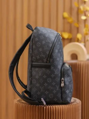 Discovery Backpack in Monogram Eclipse, featuring a sleek design and black floral pattern, showcasing Louis Vuitton branding on durable fabric, ideal for versatile use.