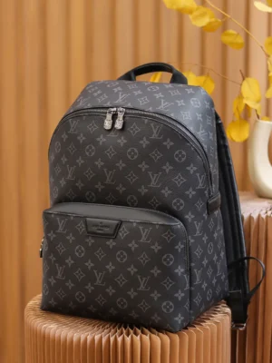 Discovery Backpack in Monogram Eclipse by Louis Vuitton, featuring a black floral pattern, durable design, and calf leather shoulder straps, displayed against a textured background.