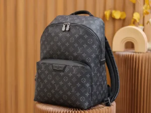 Discovery Backpack in Monogram Eclipse by Louis Vuitton, featuring a sleek black floral design, durable construction, and calf leather shoulder straps, showcased against a modern backdrop.