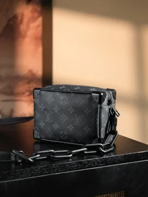 Louis Vuitton Soft Trunk 20 M57098 black monogram canvas crossbody bag with leather chain strap