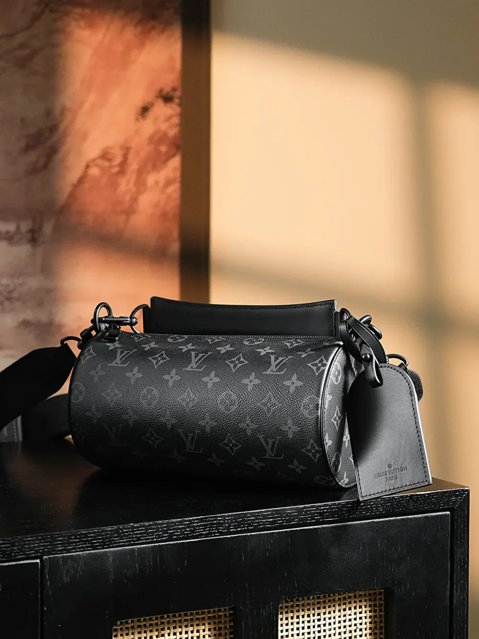 Louis Vuitton Papillon 26 M52288 black monogram canvas small cylindrical handbag leather tag