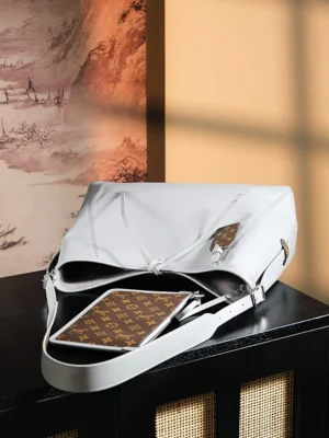 Louis Vuitton Lockme Bag GM white leather large shoulder bag with monogram canvas pouch and strap details