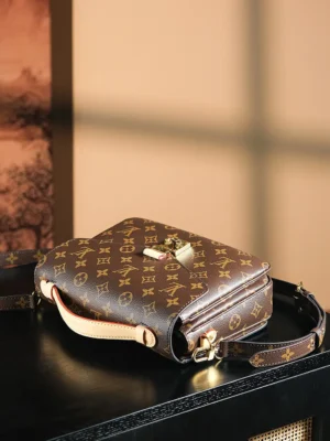 Louis Vuitton Dauphine MM M45370 monogram canvas crossbody bag brown leather trim gold hardware