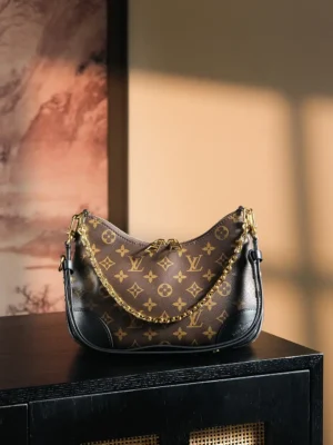 Louis Vuitton Looping MM small brown monogram canvas bag with black leather trim and gold chain strap