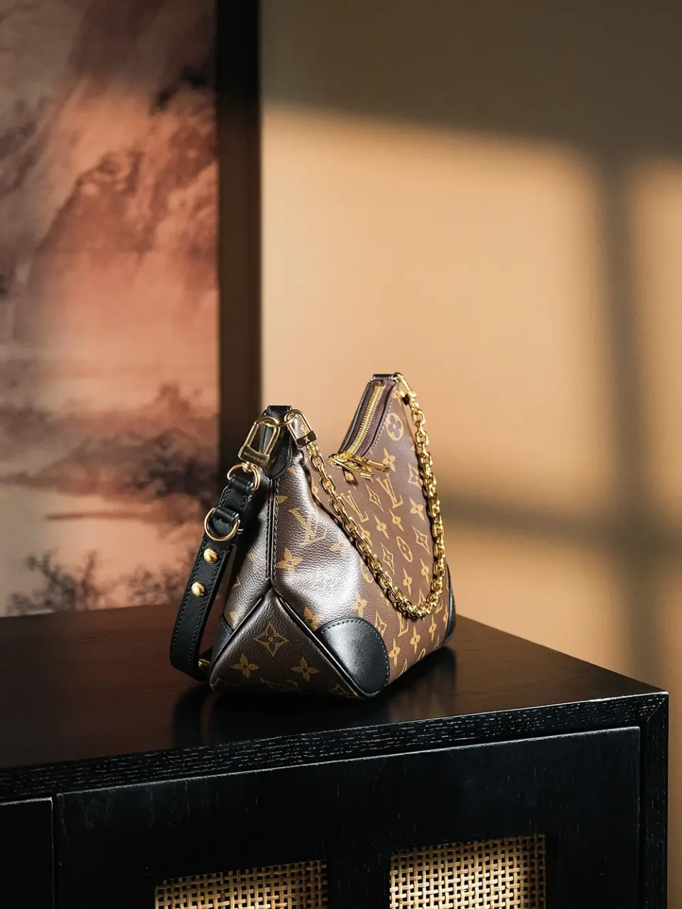 Louis Vuitton Triangle PM medium monogram canvas bag brown leather gold hardware chain strap