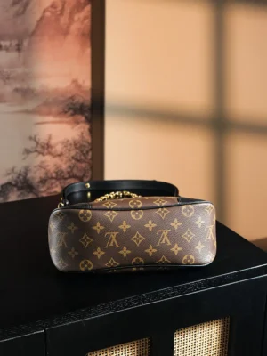 Louis Vuitton Pochette Métis small monogram canvas bag brown leather trim gold chain