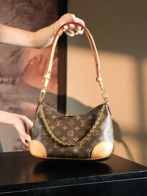 Louis Vuitton Looping PM MM brown monogram canvas medium shoulder bag tan leather trim