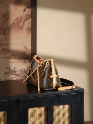 Louis Vuitton NéoNoé Small monogram canvas bucket bag brown leather trim gold chain strap