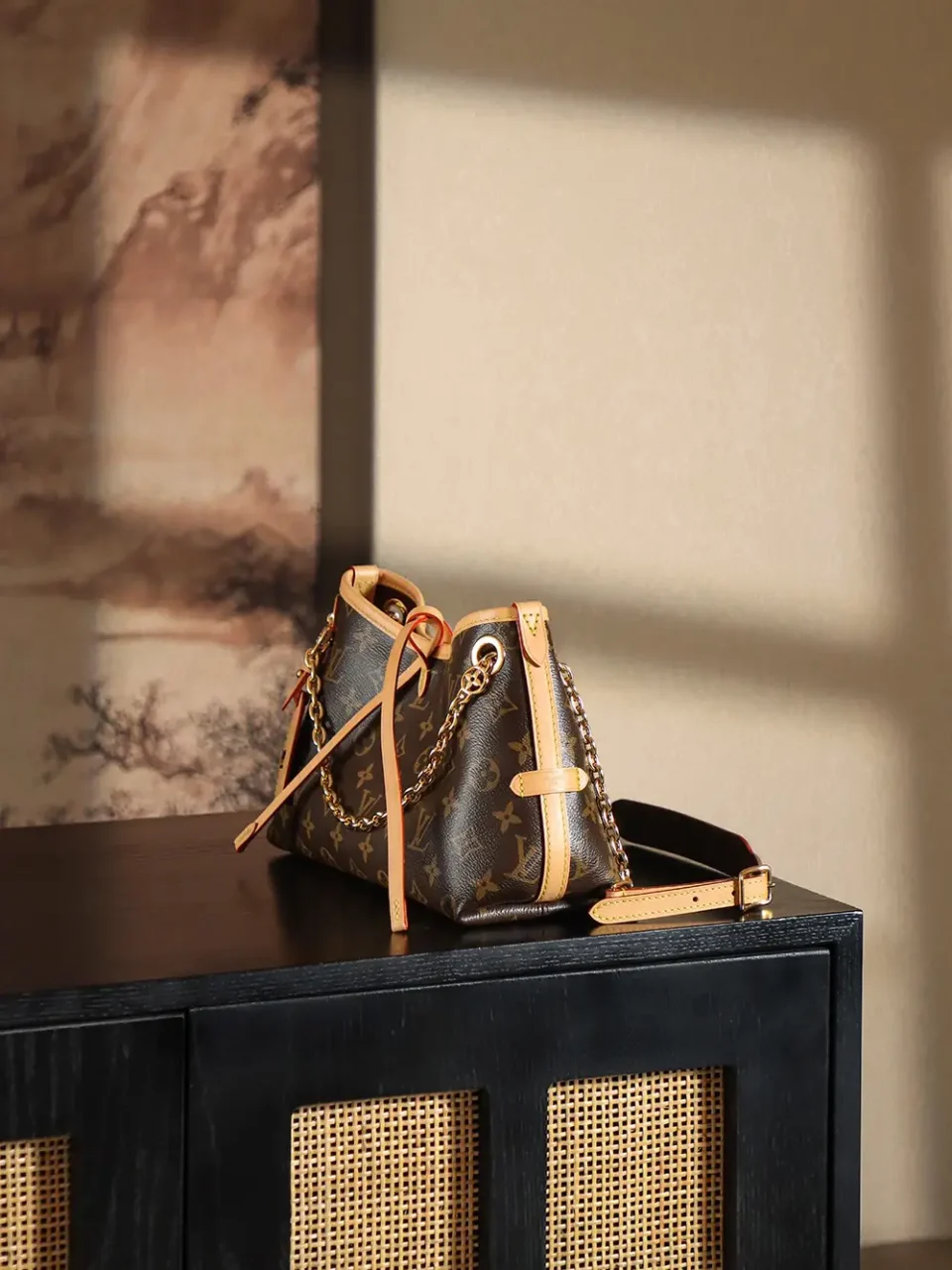 Louis Vuitton N&eacute;oNo&eacute; Small monogram canvas bucket bag brown leather trim gold chain strap