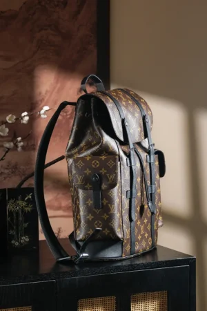 Louis Vuitton Chip Diamond Jumping Code Backpack featuring a stylish brown monogram design, showcased in a well-lit setting, emphasizing its utility for daily outdoor use and travel.