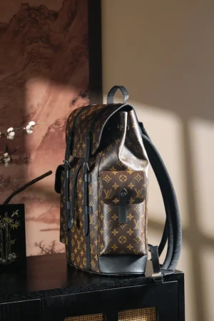 Louis Vuitton Chip Diamond Jumping Code Backpack, stylish design, brown monogram pattern, versatile for daily use, showcased against a decorative backdrop.