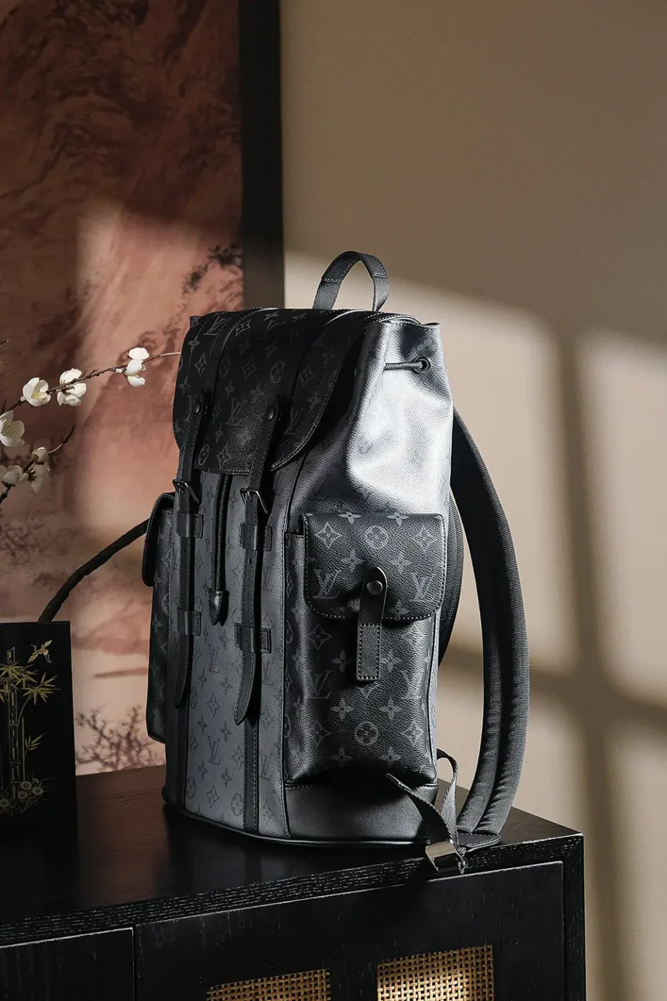 Louis Vuitton Christopher GM large black monogram canvas leather backpack with front pockets