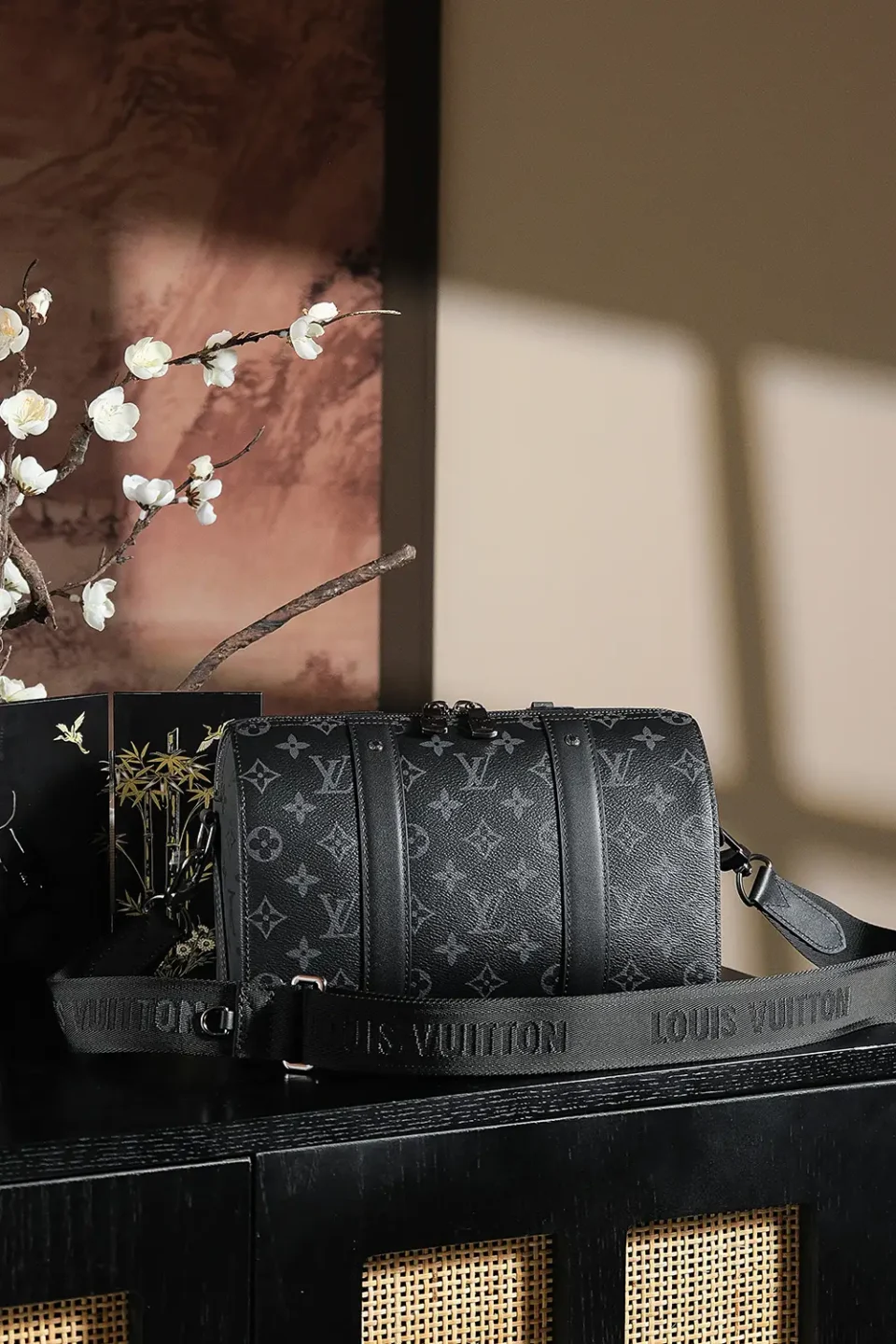 Louis Vuitton Keepall XS 45 black monogram canvas duffle bag with black leather straps