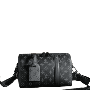 Black Louis Vuitton Chip Diamond Jumping Code Series shoulder bag with signature logo pattern and detachable tag, showcasing luxury design and practicality.