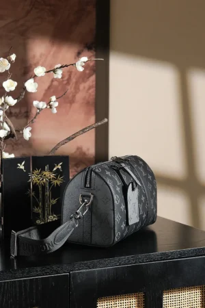 Chip Diamond Jumping Code Series bag in black vintage color, featuring Louis Vuitton logo, stylish design, and practical shape, displayed on a sleek surface with decorative elements.
