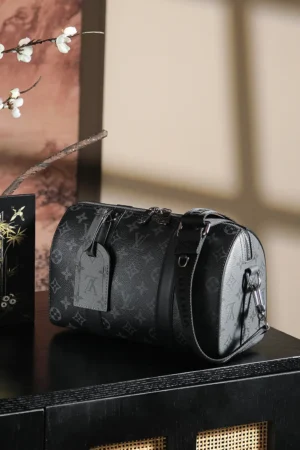 Black Louis Vuitton Chip Diamond Jumping Code Series bag displayed on a dark wooden surface, featuring a stylish design and practical size for daily use.