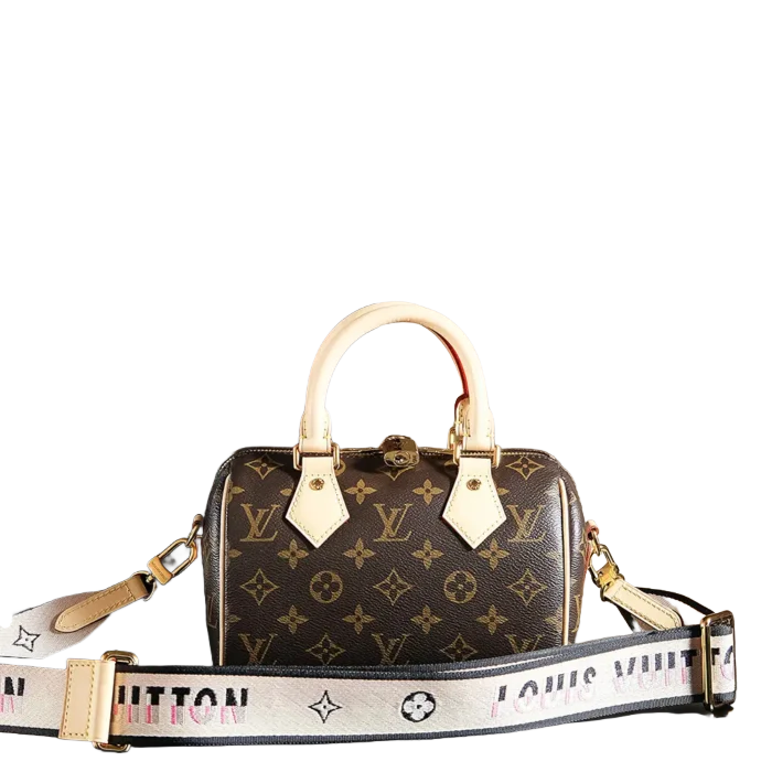 Louis Vuitton Speedy 20 small monogram canvas bag brown leather trim with branded strap