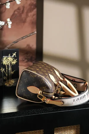 Louis Vuitton Speedy 25 bag brown monogram canvas beige leather handles detachable strap