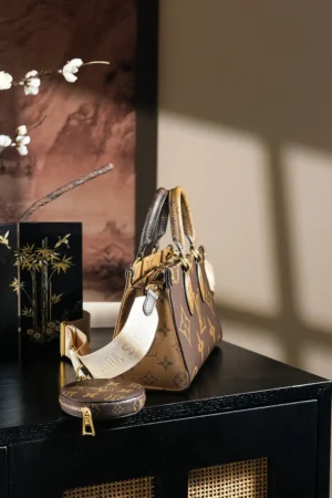Louis Vuitton Chip Jumping Code Series shoulder bag with a small coin pocket, stylishly displayed on a table with decorative elements in the background.