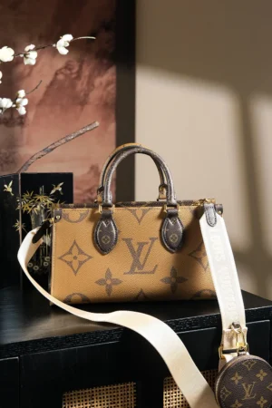 Louis Vuitton Chip Jumping Code Series handbag with signature monogram pattern, featuring dual handles and a detachable shoulder strap, placed on a stylish surface with decorative elements.
