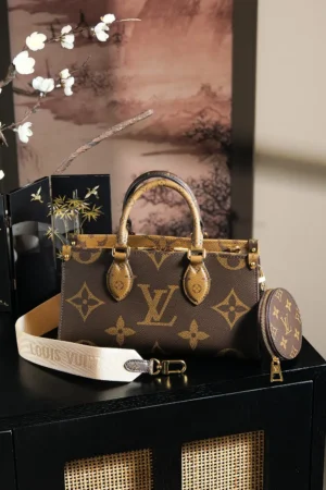 Louis Vuitton Chip Jumping Code Series handbag with gold accents, detachable shoulder strap, and matching coin pocket, set against a decorative background.