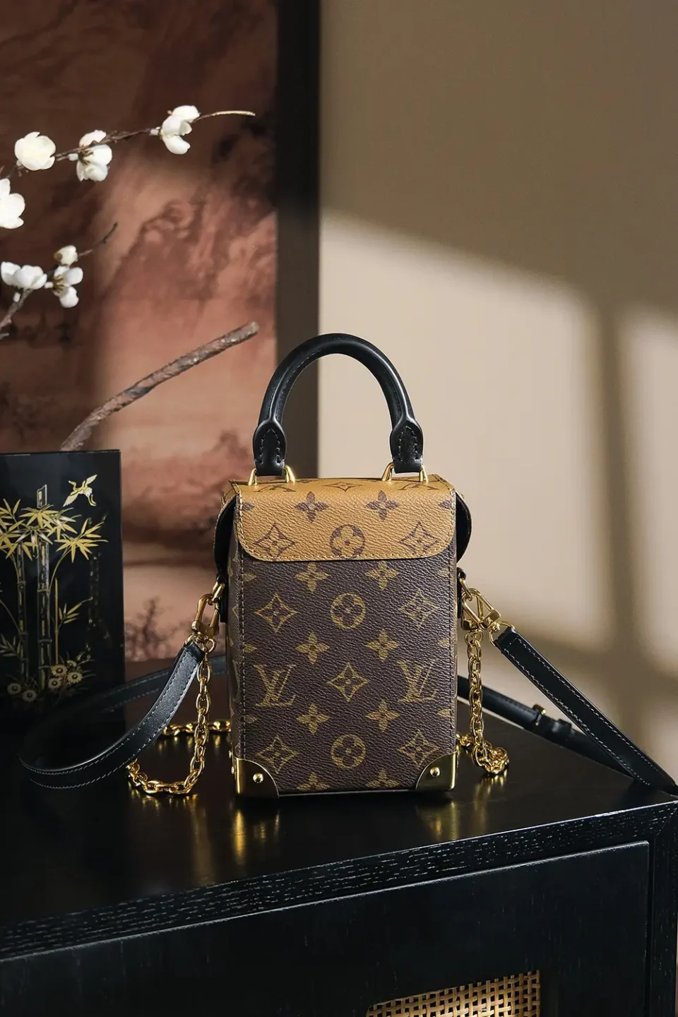 Louis Vuitton Petite Malle bag small size brown monogram canvas with black leather handles and gold hardware