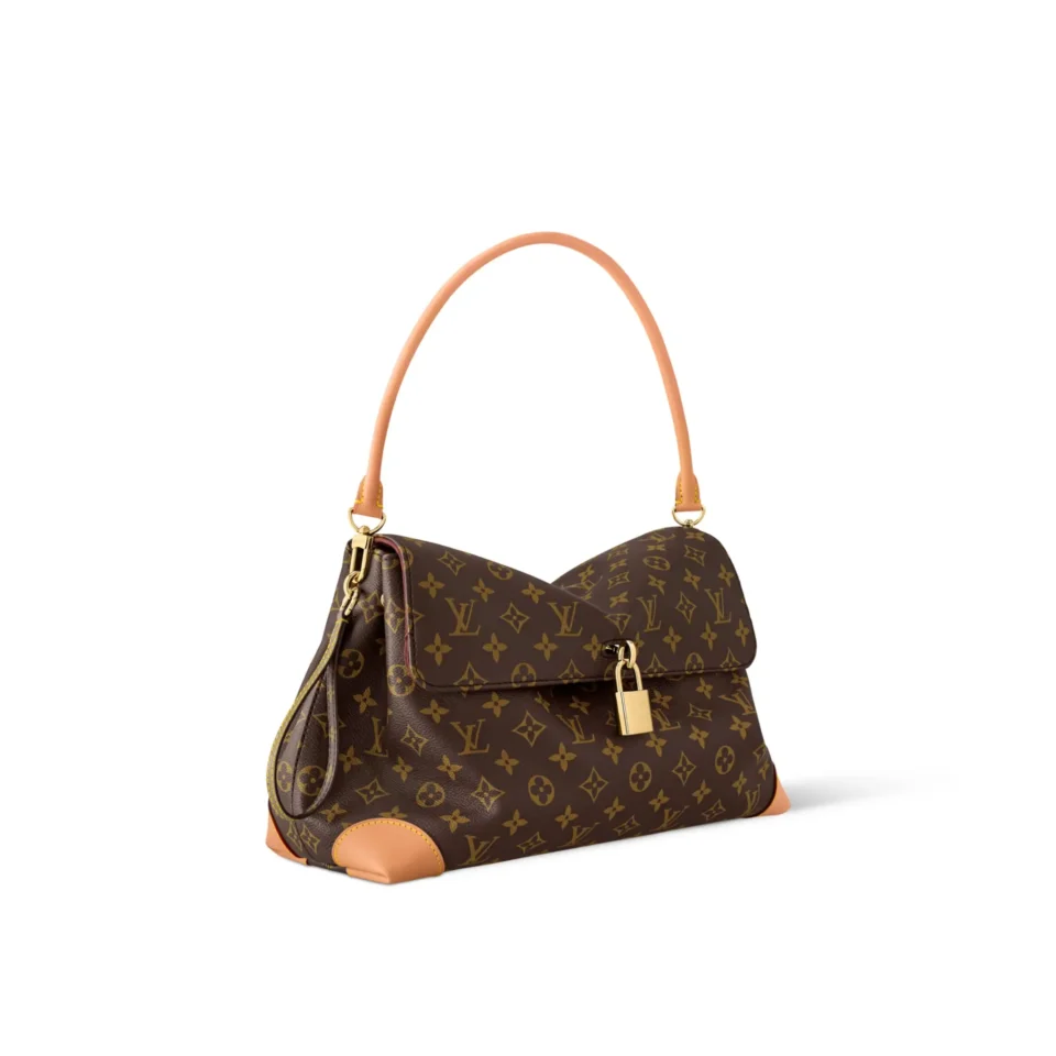 Louis Vuitton Baguette MM bag brown monogram canvas tan leather handle gold lock hardware