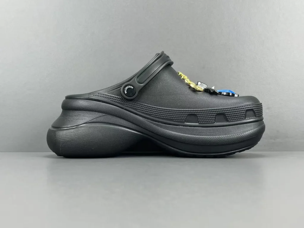 Balenciaga Crocs black rubber foam clogs with chunky sole and colorful charm embellishments