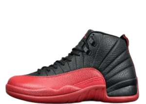Jordan 12 Retro Flu Game sneaker in black and red colorway, showcasing premium replica design for e-commerce display.
