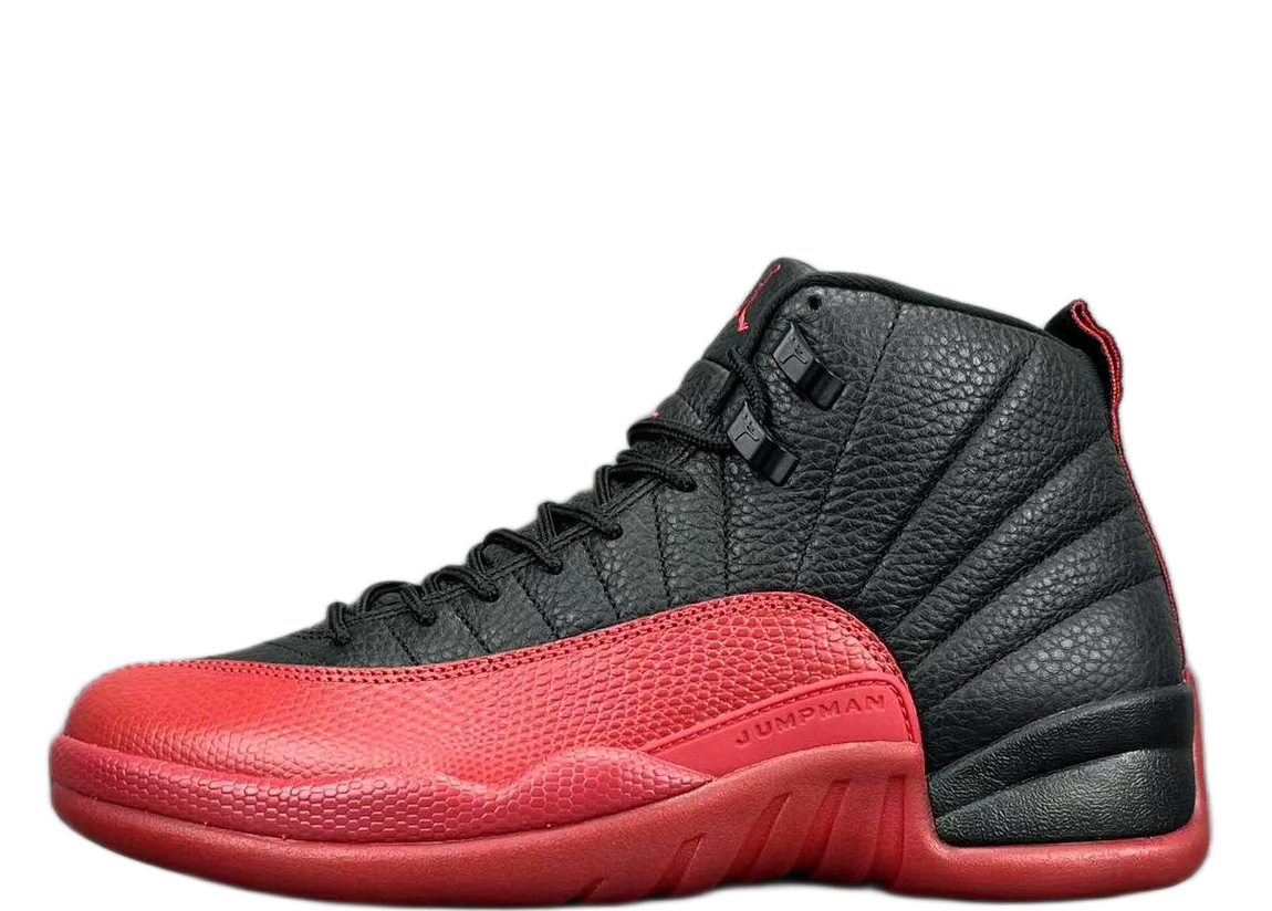 Nike Air Jordan 12 Flu Game black red textured leather sneakers