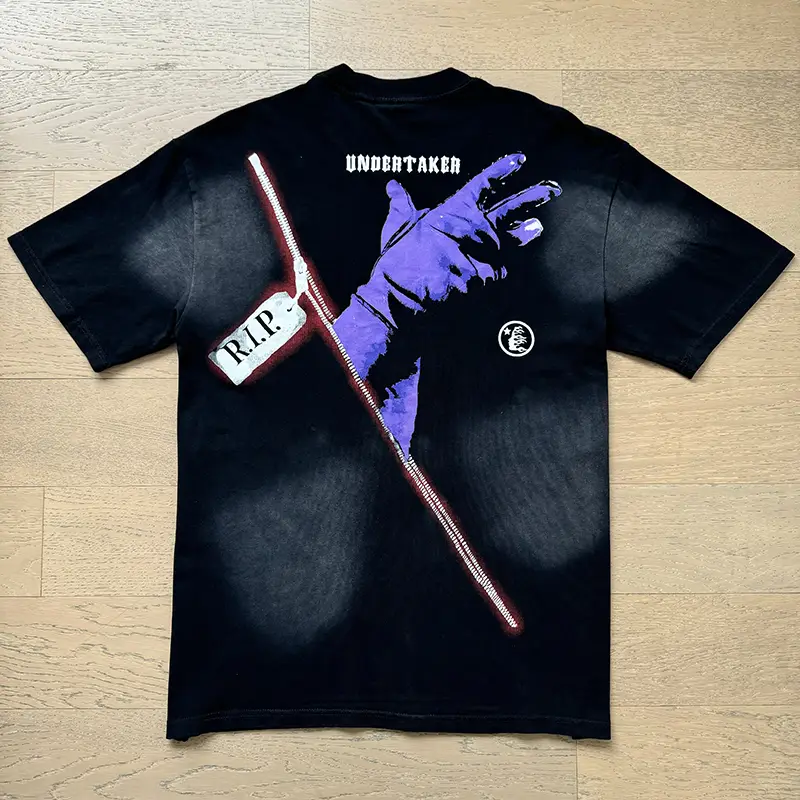 Undertaker graphic T-shirt black cotton with purple glove and R.I.P. zipper design on back