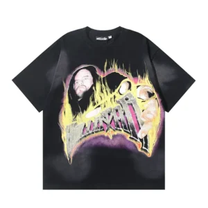Hellstar graphic T-shirt black cotton with flaming print design and artist image detail