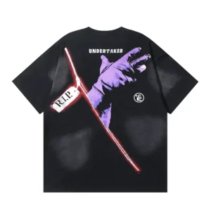 Repsgoat graphic t-shirt black cotton with purple glove and red RIP tag print