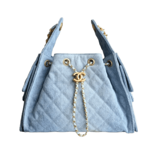 Chanel Gabrielle Drawstring Bag Medium Aged Gold Hardware Blue Denim Quilted Canvas