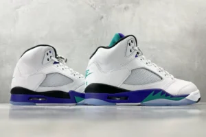 Nike Air Jordan 5 Retro white teal purple black leather sneakers with mesh panels and icy sole