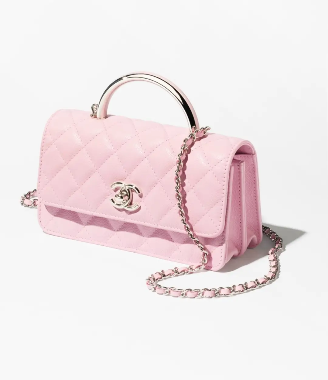Chanel 19 small handbag pink quilted leather silver chain and hardware details luxury bag