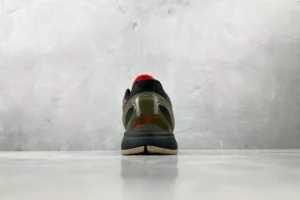 Nike Kobe 5 Protro black red olive synthetic basketball sneakers rear view on gray floor