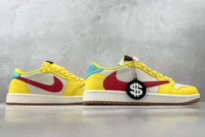 Nike Air Jordan 1 Low yellow red light blue white leather sneakers with dollar sign tag