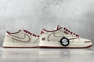 Nike Air Jordan 1 Low Undefeated sail varsity red white leather sneakers with dollar tag accessory