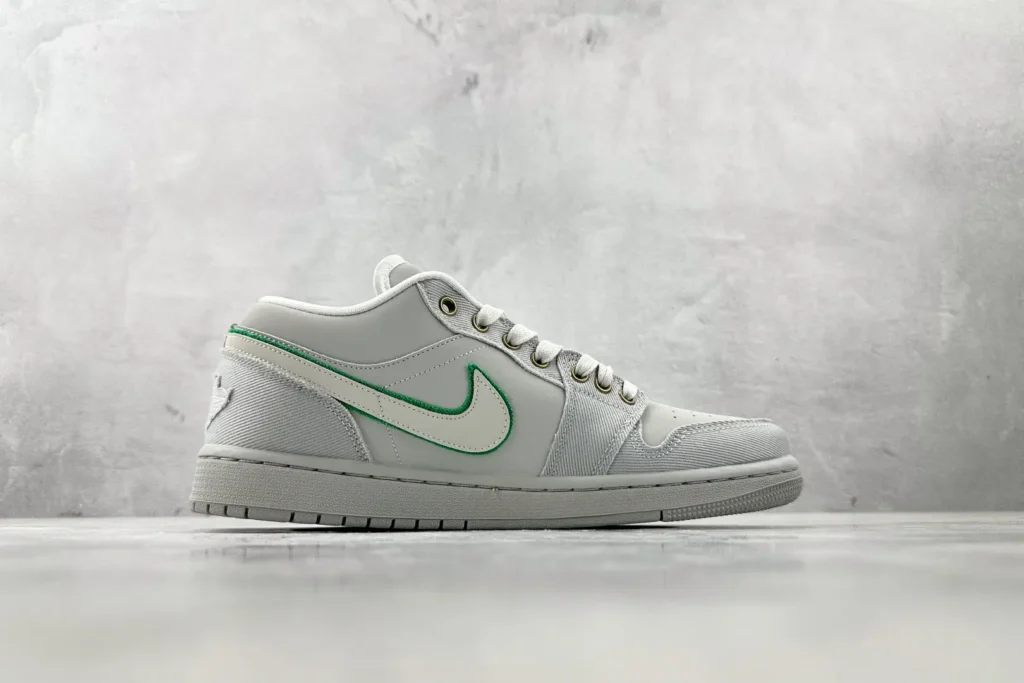 Nike Air Jordan 1 Low white green leather canvas sneakers with stitched swoosh detailing