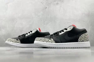 Nike Air Jordan 1 Low OG black white cement grey red leather sneakers with elephant print accents