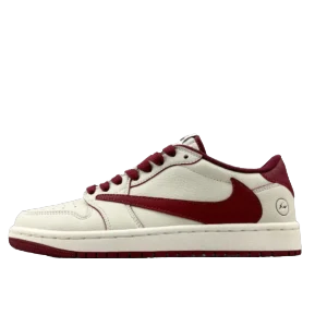 Travis Scott x Air Jordan 1 Low in Sail and Crimson colorway, showcasing a stylish sneaker design with a white leather upper and red accents, ideal for sneaker enthusiasts and fashion lovers.