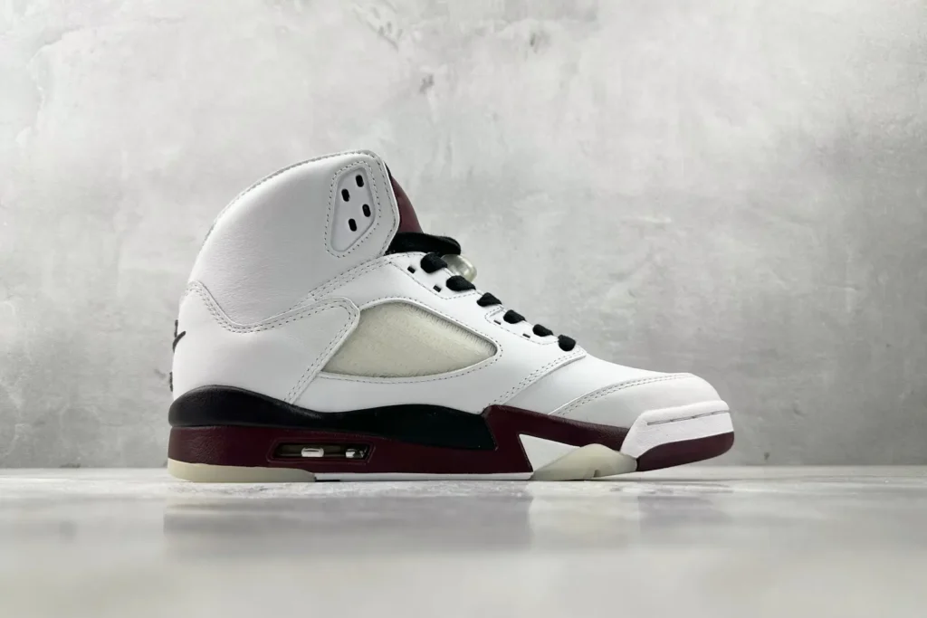 Nike Air Jordan 5 Retro white burgundy black leather sneakers with icy sole detailing