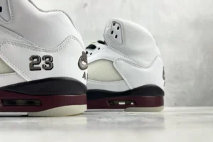 Nike Air Jordan 5 Retro White Black Maroon leather sneakers with "23" embroidery on heel