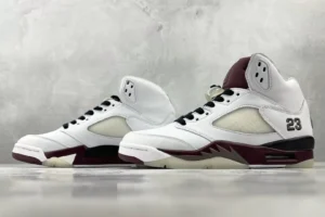 Air Jordan 5 Retro Maroon white varsity maroon black leather sneakers with translucent sole