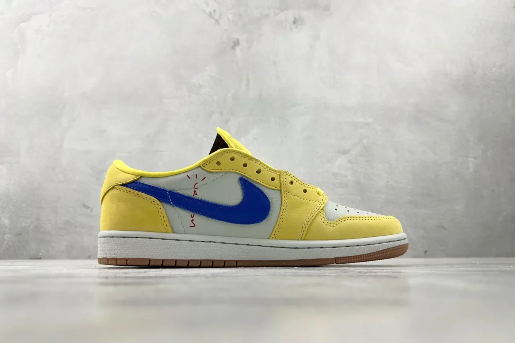 Nike Air Jordan 1 Low OG Yellow Blue white leather sneakers gum sole with CAUSE text detail