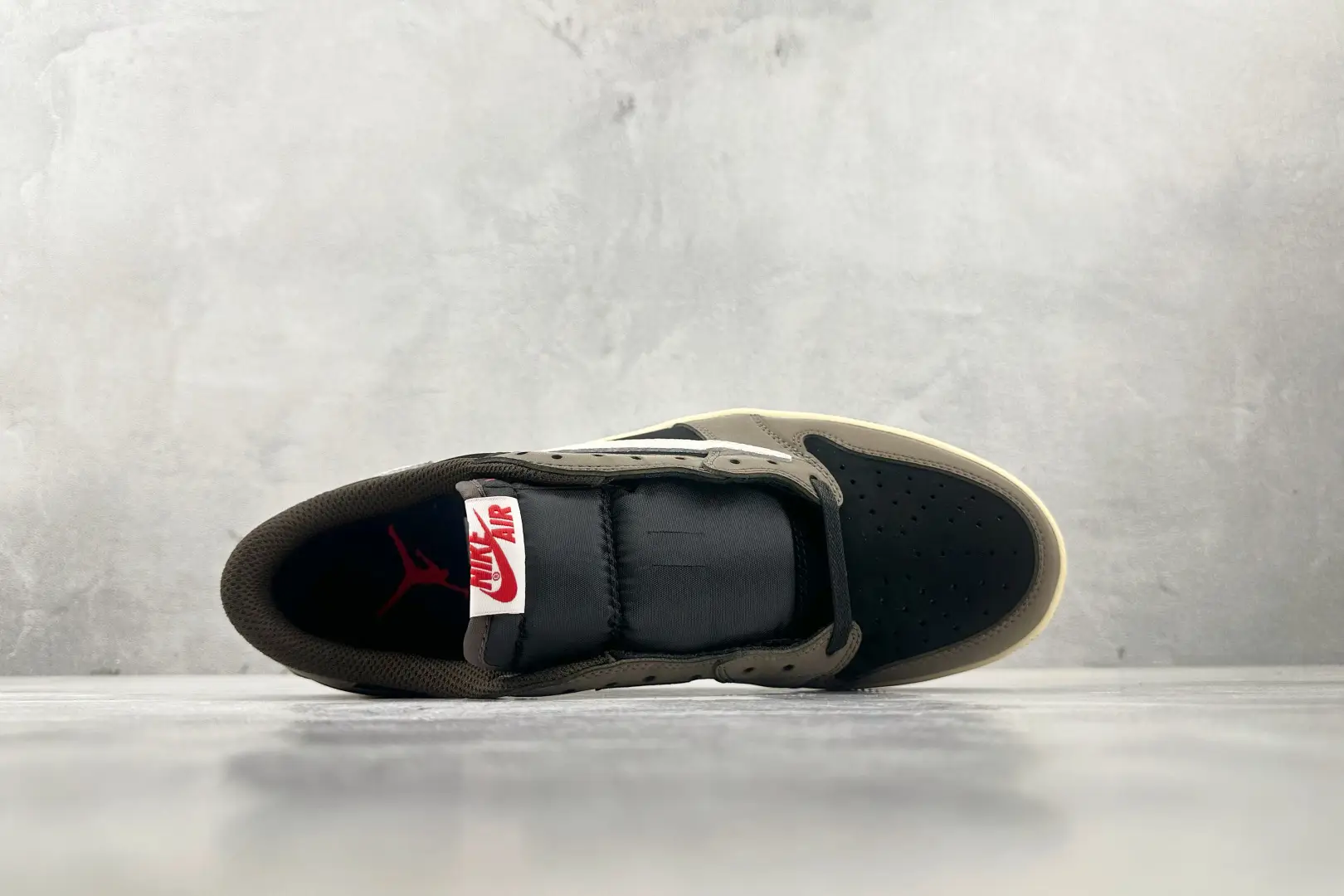 Nike Jordan 1 Low OG TS SP Style CN8606-001 black/olive mesh and leather sneaker top view