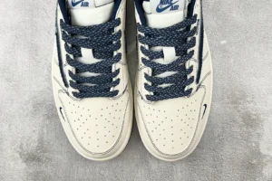 Nike Air Force 1 Low Style DQ8308-111 Sail Navy leather sneakers with perforated toe box and blue laces