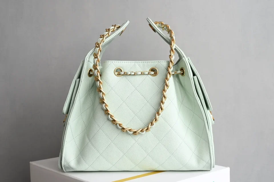 Chanel Gabrielle Small Drawstring Bucket Bag pale green caviar leather gold chain hardware