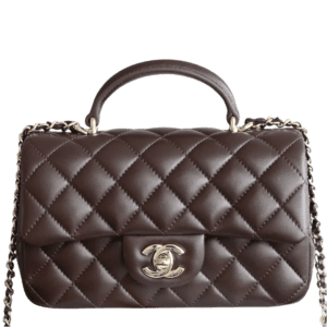 Chanel 19 Small Top Handle A01112 dark brown quilted lambskin leather bag with gold chain strap